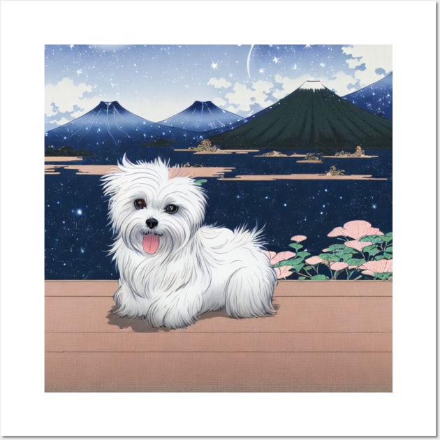 Cute Shih Tzu Maltese Dog Puppy at Japanese Mounts of Fuji Wall Art by Mochabonk